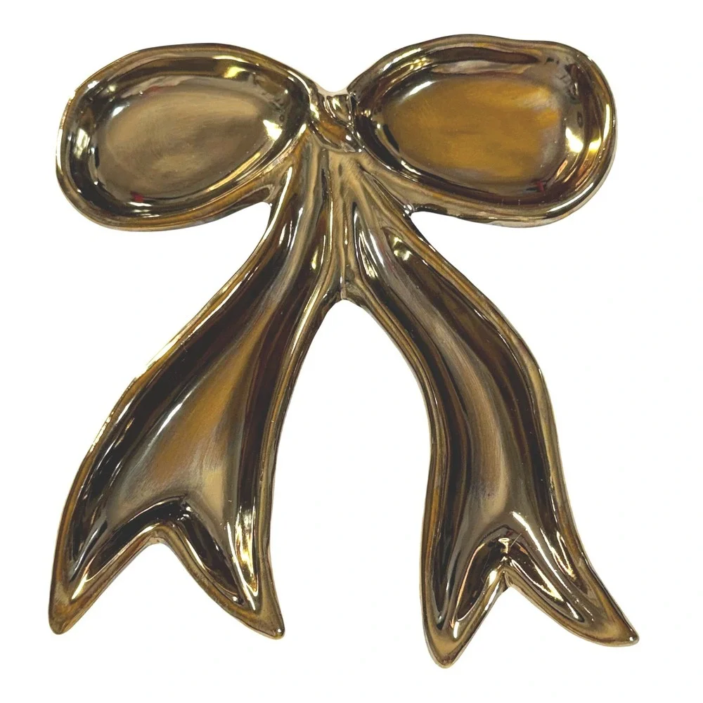 Gold Ceramic Bow Trinket‎ Dish Jewelry Tray Metallic Ribbon Decorative Coquette